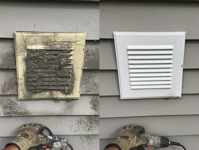 Parma Dryer Vent Cleaning technician installing high-quality dryer vent cover at a residential property in Parma